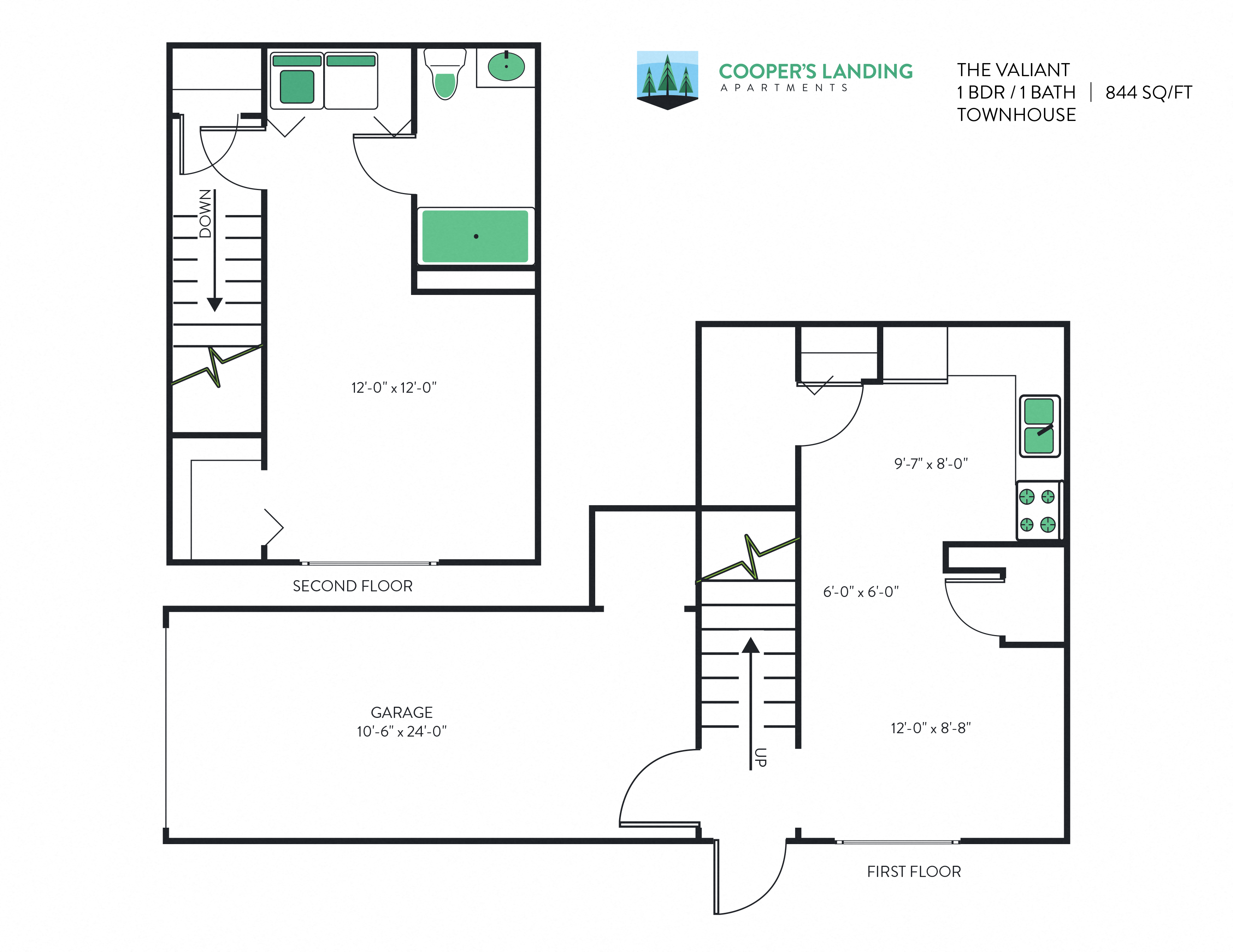 Floor plan for 1 bed, 1 bath, 884 sqft